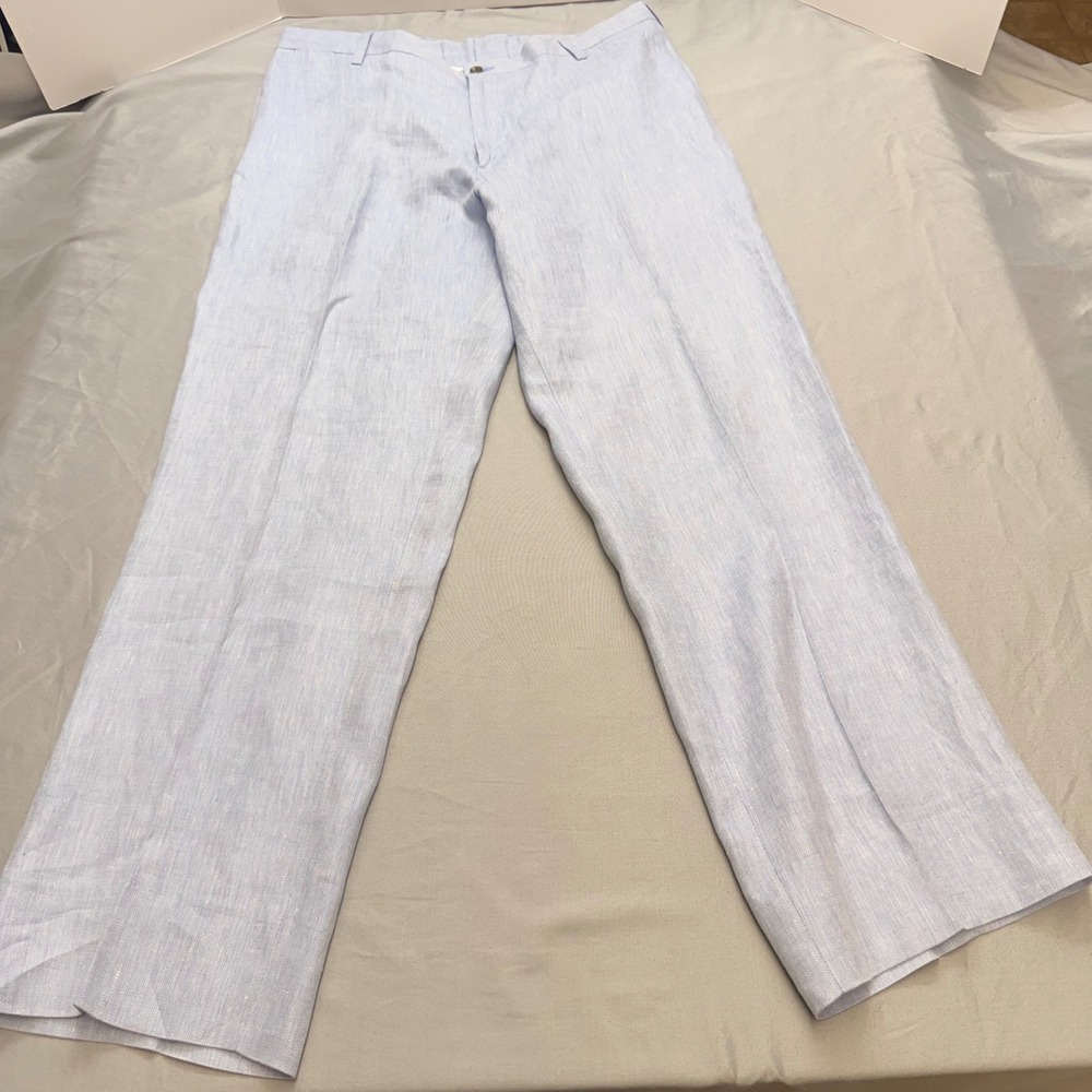 Charleston Khakis Mens Light Blue 100% Linen Herringbone Dress Pants 37R 32L‎